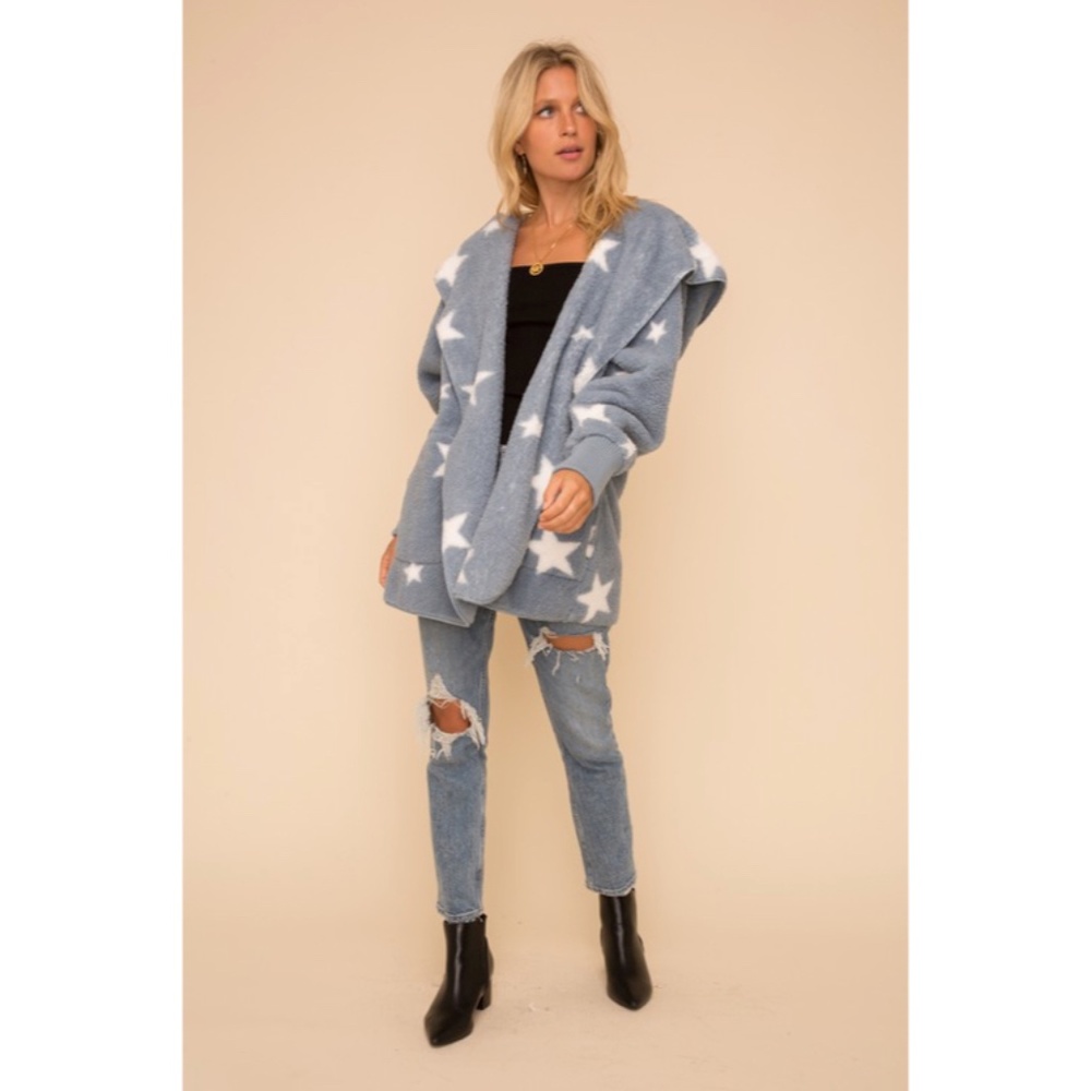 SOLD OUT Blue Gray Off White Star Print Super Soft Blanket Fur Winter Cardigan - Picture 3 of 4